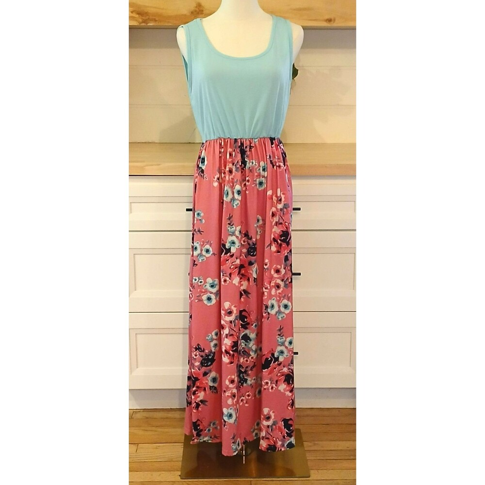 Sleeveless Aqua & Pink Floral Maxi Dress